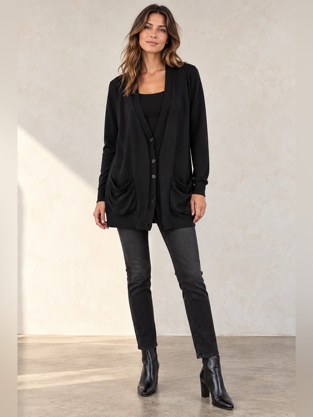 Theory Black 100% Wool Kryssa Preen Double Layer Placket V-Neck Cardigan Sweater